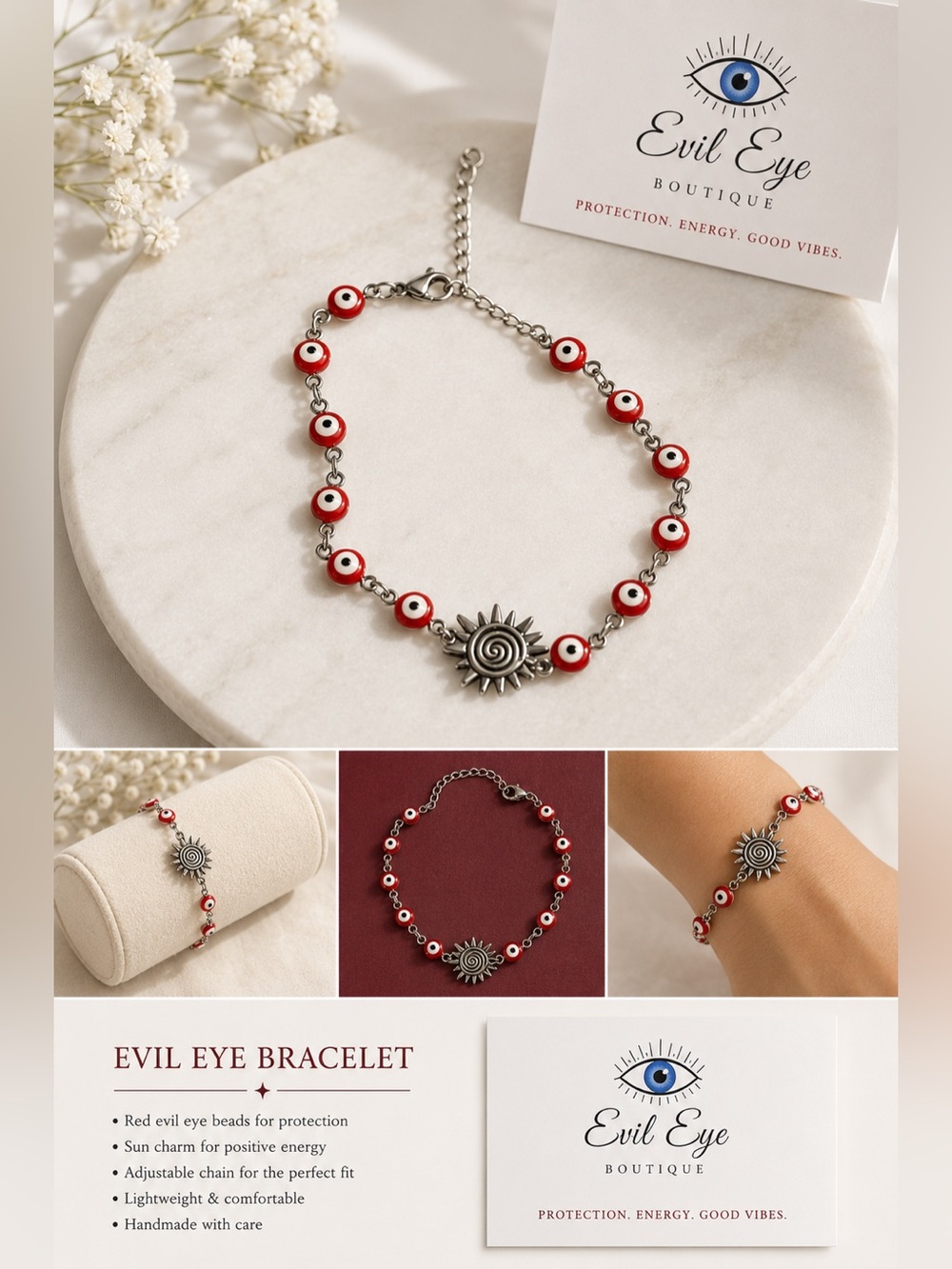 Evil Eye Sun Charm Bracelet in Red